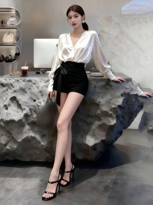 

Korean Sle Unique Beautiful V-Ne Loose Long Sve irt Faionable Ele Winter New Arrival Women's Premium irt