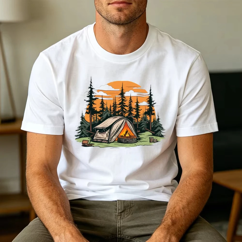 Sunset Forest Camp Tent Bonfire Graphic Tee Men Cool Outdoor Lifestyle T Shirt Relaxing Nature Vacation Clothes Tops