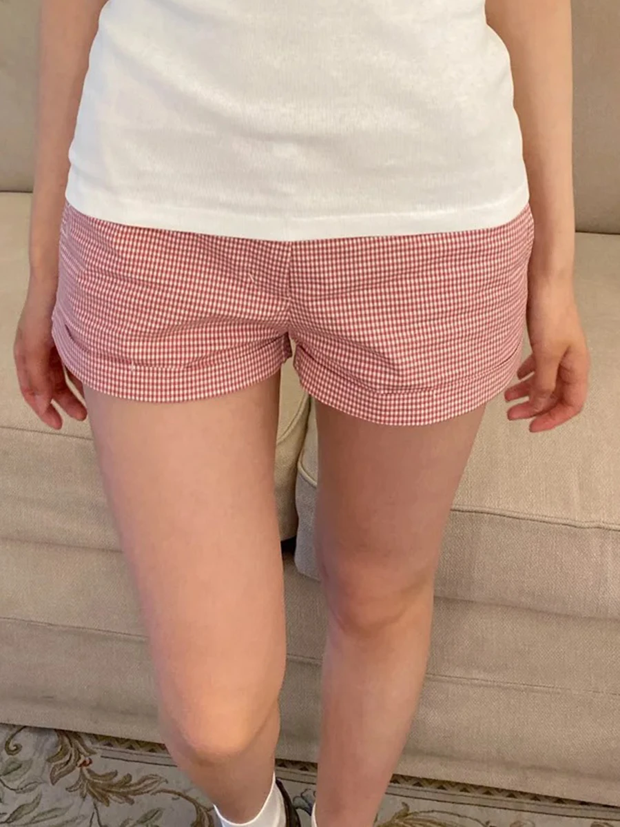 สีชมพูหวานลายสก๊อตกางเกงขาสั้นผู้หญิงฤดูร้อนผ้าฝ้ายลำลองหลวมยืดหยุ่นเอวสูงกางเกงวินเทจสไตล์พรีปปี้สเวตเชิ้ต