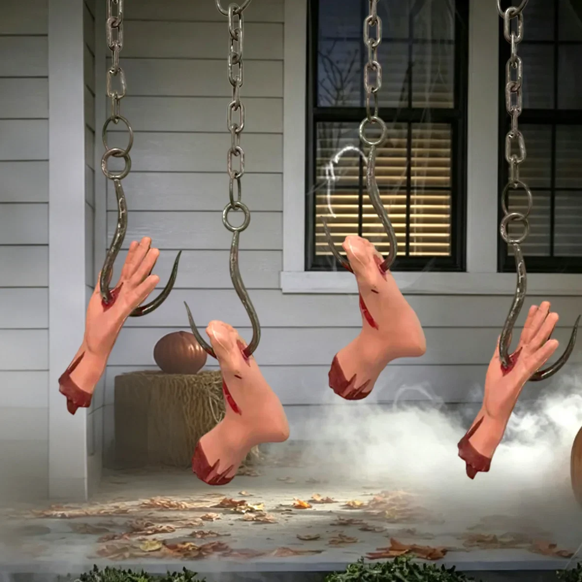 Haunted House Scene Hanging Decor, Halloween Fake Iron Chain with Hand & Foot Hook, Outdoor Courtyard Party Prop