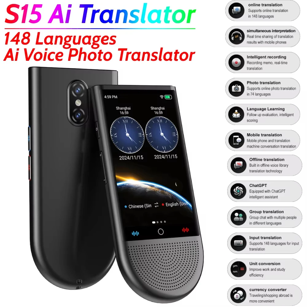 

4G Portable AI Translator 148 Languages Language Translator Device Instant Voice Translator for Travel Learning Business S15