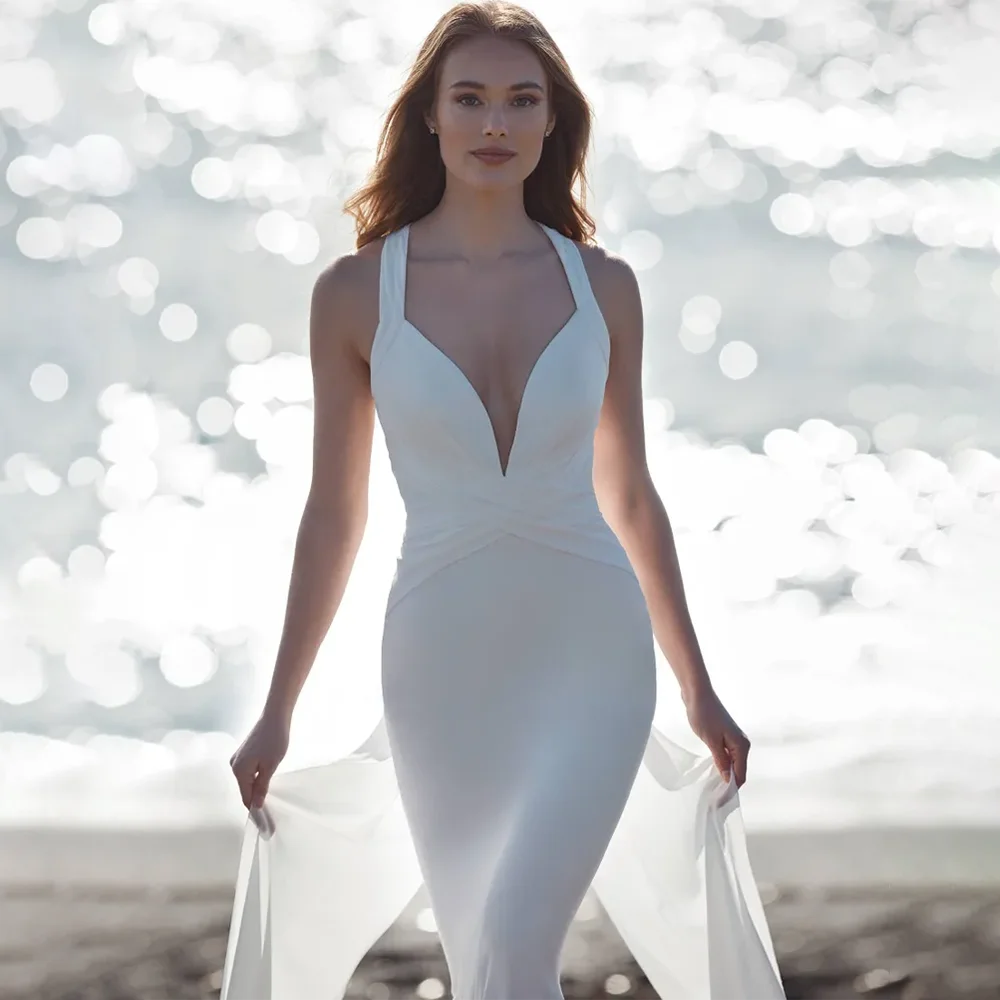 Vestido De novia sencillo con cuello en V, traje bohemio con espalda abierta, liso, largo, sin mangas, para playa, 2024