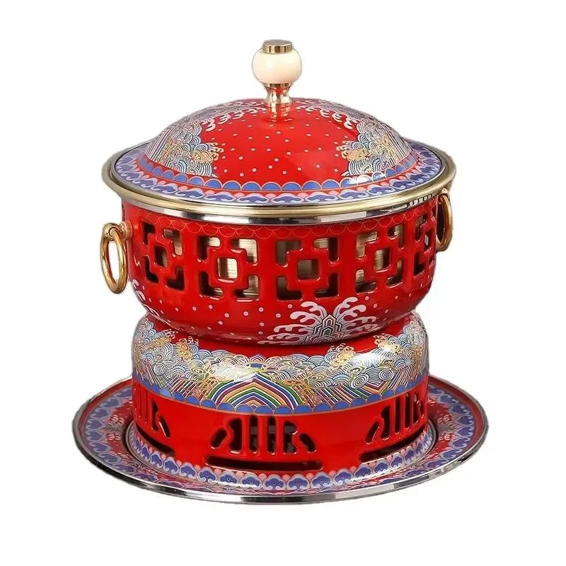 Vintage Copper Cloisonne Enamel Hot Pot with Stainless Steel Lid Double Handle Traditional Chinese Alcohol Stove for Outdoor