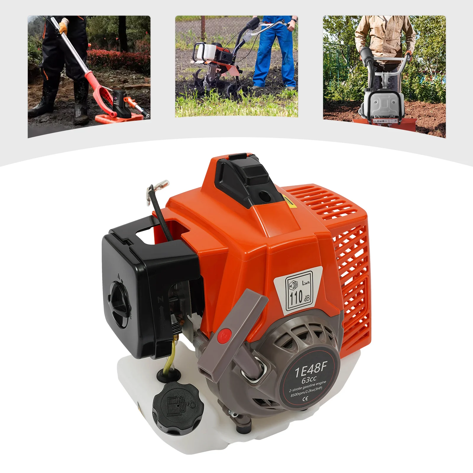Image of 63cc 2-Takt-Benzinmotor, 2,2KW Luftgekühlter Benzinmotor mit Seilzugstarter, Kleiner Benzinmotor für Rasen- und Landwirtschaftsgeräte