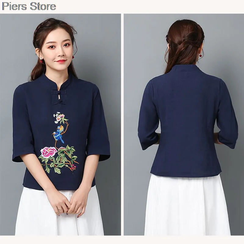 Vintage algodão linho chinês tang terno feminino verão solto tradicional hanfu topo elegante estilo nacional blusa 2xl bordado