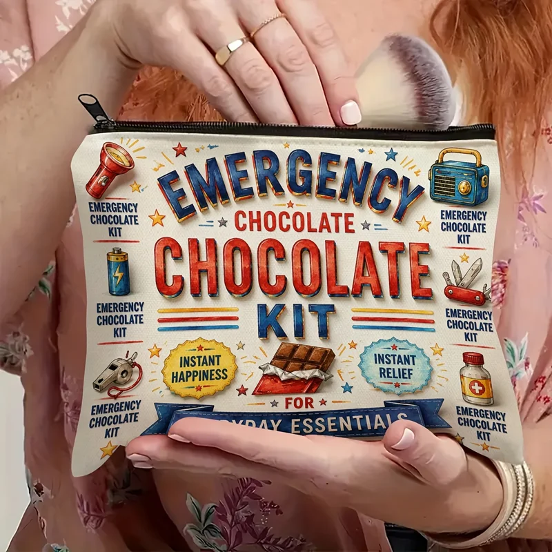 Emergency Chocolate Makeup Bag, Durable Canvas Zipper Pouch, Light Machine‑Washable for Travel Daily, Unisex Gift for Valentine