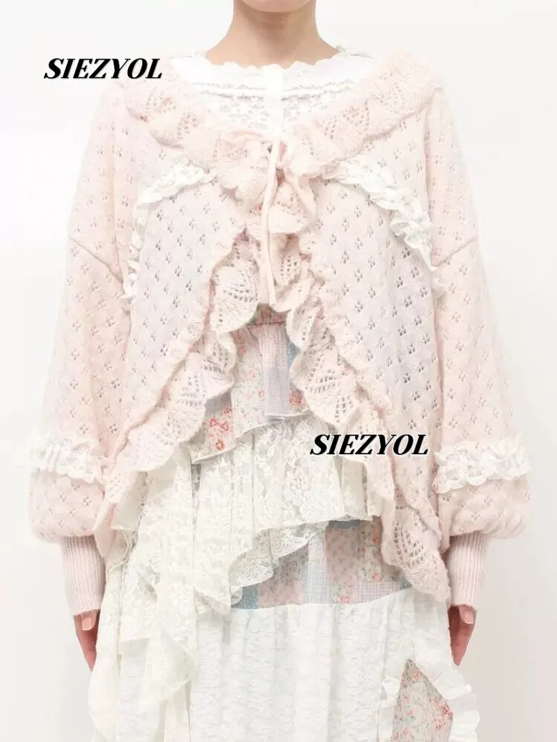 Sweater Jacket for Women New Autumn Japanese Sweet Cute Girls Versatile Loose Lace Hollow Ruffle Edge Knitted Cardigan Coat