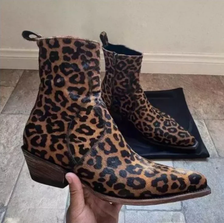Men's Leopard Print Ankle Boots Pointed Toe with Cuban Heel & Side Zipper for Night Out Parties & Bold Wild Fashion Statements