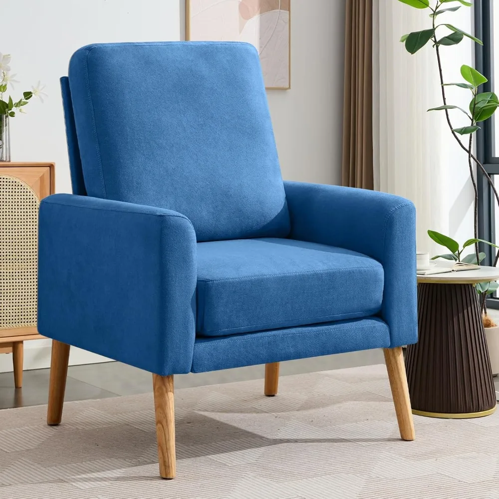 

Modern Accent Chairs with Thick Padded Cushion Arm Chair for Living Room/Bedroom/Office/Cafe, Wood Legs, Blue