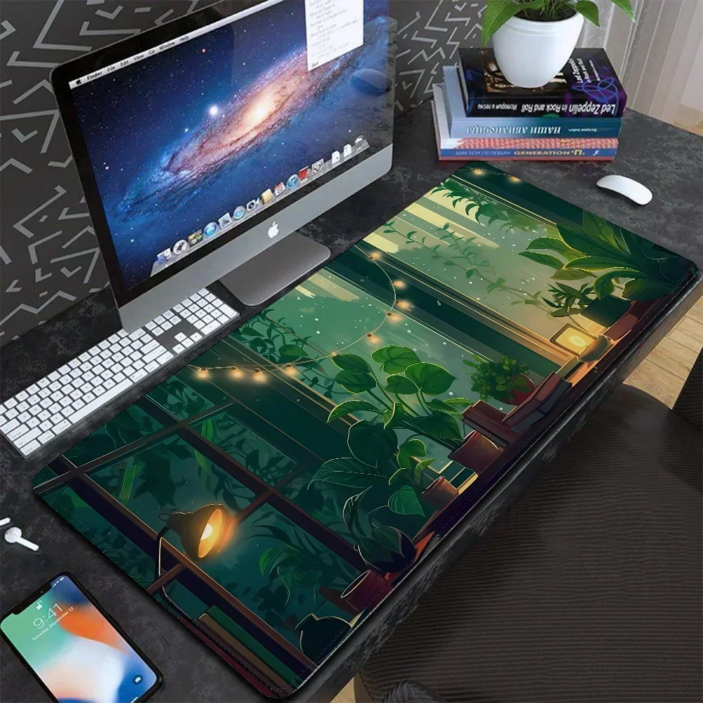 1Pc Green Leaf Lofi Gamer Keyboard Pad Mouse Computer Mat Pc Gaming Accessories Table Pads Mausepad Deskmat Mousepad Rug Cabinet