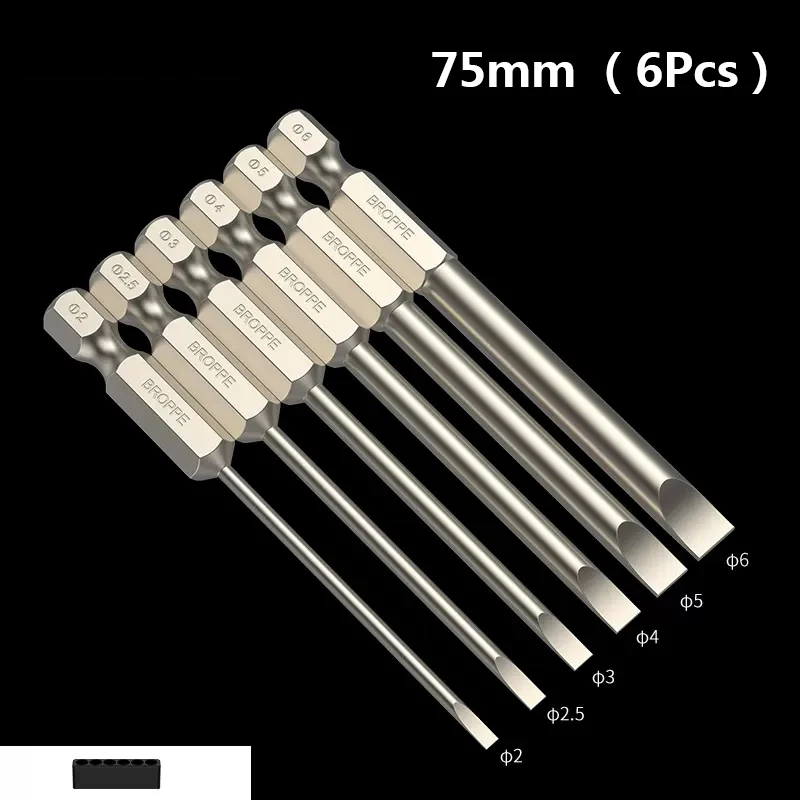6-Piece Slotted Screwdriver Bit Set – Magnetic Flat Head, 2" Long, 1/4" Hex Shank, Sizes 2.0-6.0mm