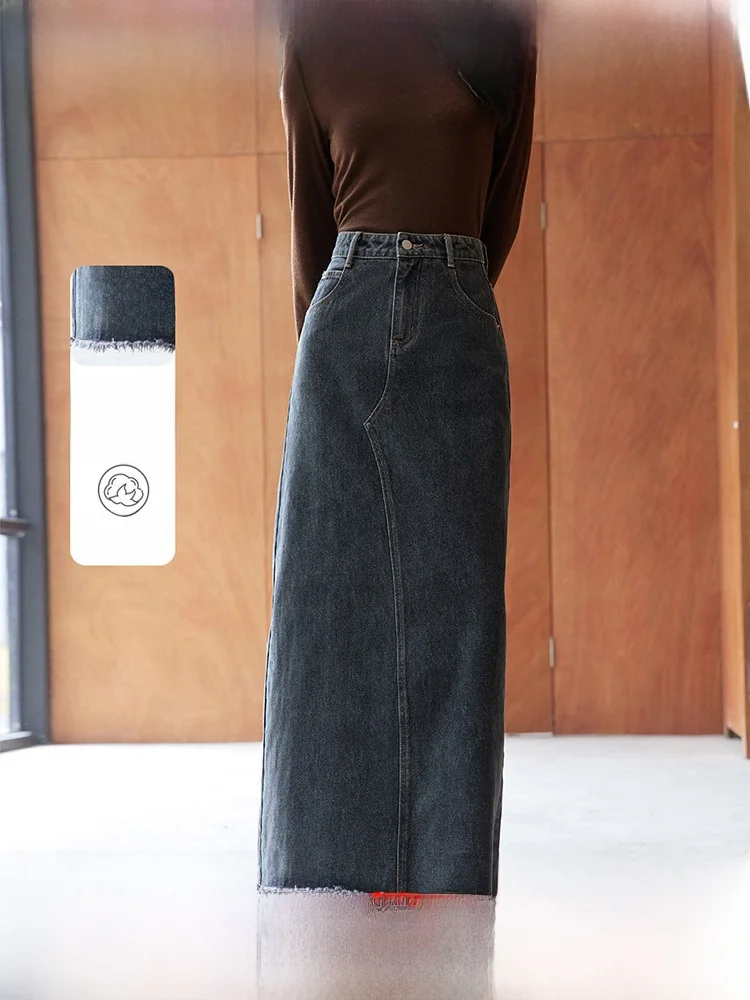

Джинсовая юбка А-силуэта средней длины с высокой талией для женщин, весна-осень, новая модель, стройнящая, из смесового хлопка и полиэстера, длинная юбка