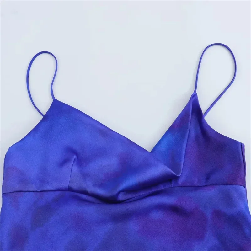 TRAF Long Dress Woman Tie Dye Slip Backless Blue Satin Dress Women Summer Sleeveless Evening Dresses Elegant Party Dresses 2024