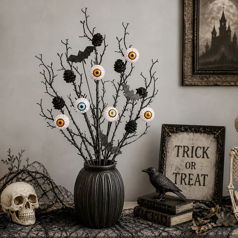 Halloween Eyeball Twig Pick Ornament, Spooky Artificial Floral Arrangement Decor, Gothic Dark Style Vase Filler Home Decoration