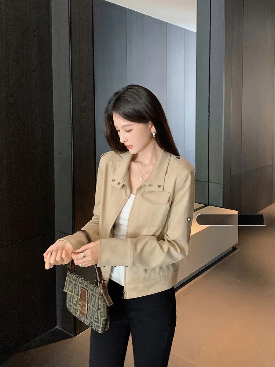 

Ms.Daoge Retro Suede ort Jaet Women's Faionable Long Sve Leather Coat Korean Sle Casual Slim Fit Autumn Outerwear