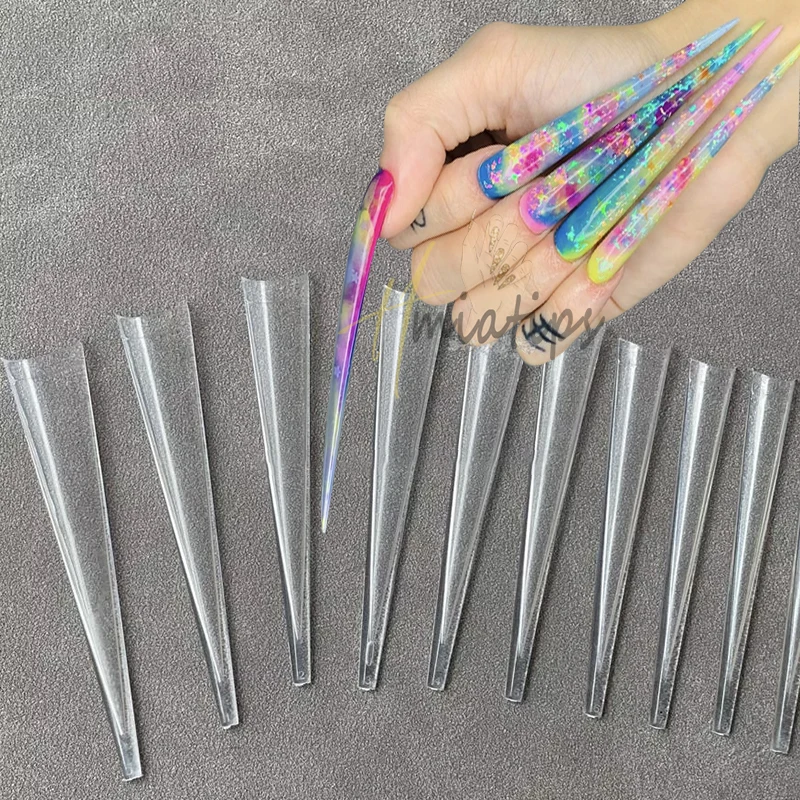 100pcs 5XL Extra Long Stiletto Acrylic Press On Fake Nails Tips Clear Artificial Half Cover False Finger Sculpted Nail Manicure