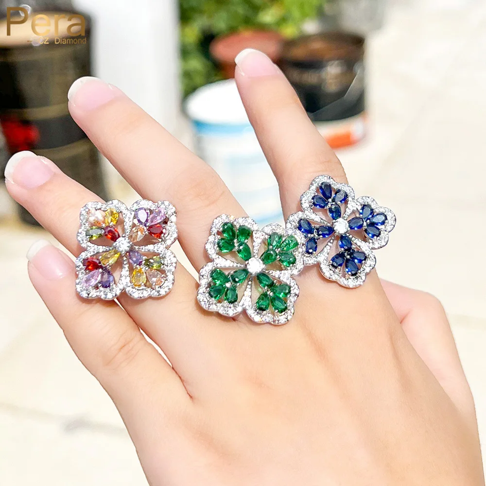 Pera Stylish Colorful Green Cubic Zirconia Large Flower Design Finger Rings for Ladies Anniversary Jewelry Party Gift R004