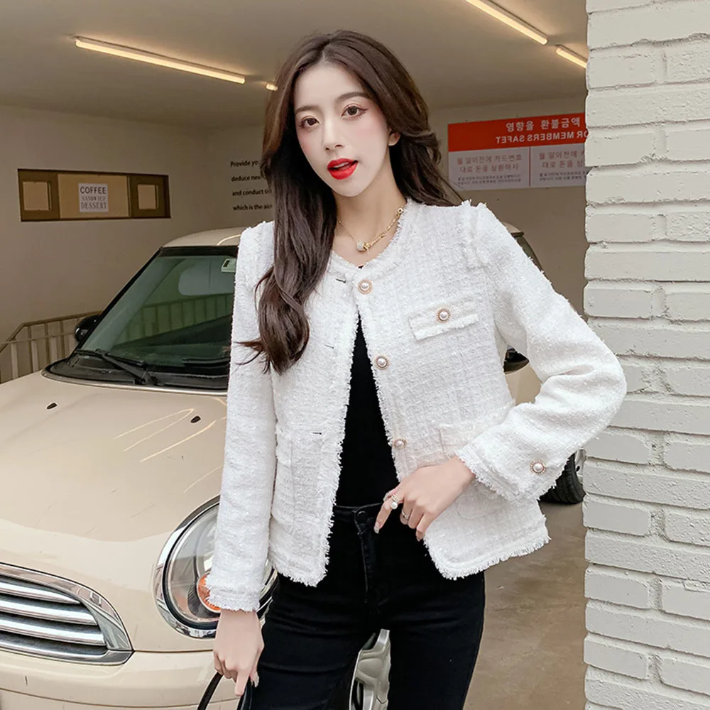 

Short style Women White Jacket Spring 2023 Elegant Tweed Coats O Neck Long Sleeve Pink Autumn Jacket Female Fashion New Outwear