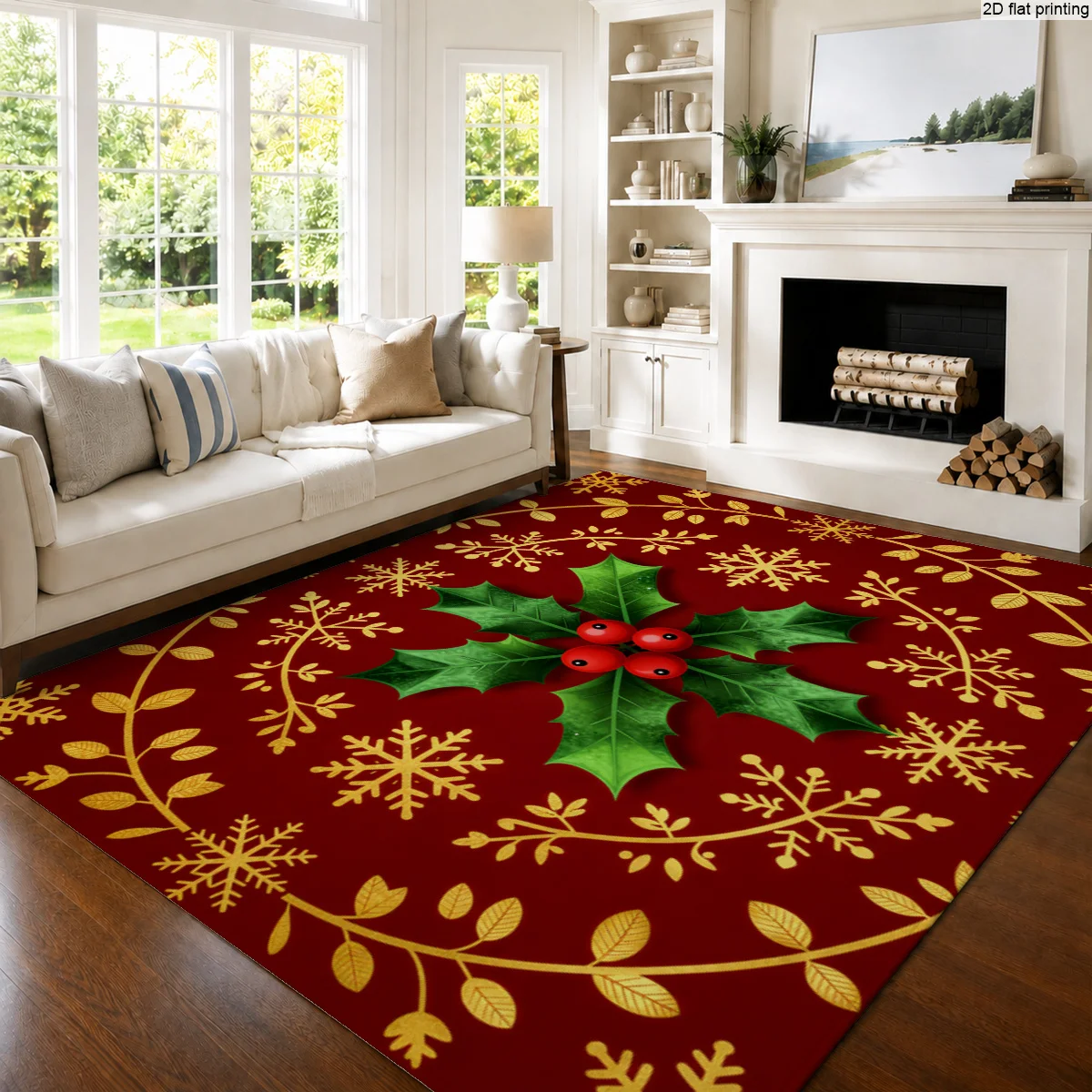 1pc Large Red Background Christmas Rug, Oak Leaf, Red Berry & Golden Snowflake Golden Branch Pattern, Decor Mat for Living Room