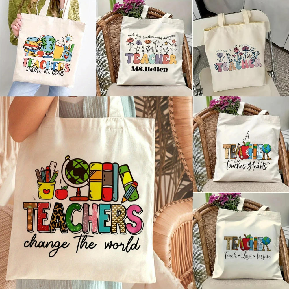 

Retro Teacher Tote Bag "JOY! TEACHERS Change The World" Design Ideal for School Supplies Outdoor Picnics Large Capacity Bag