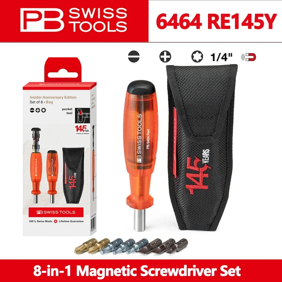 

PB SWISS 6464 RE145Y 8-in-1 Magnetic Screwdriver Set with Interchangeable Bits & Bag, Bit Holder Screwdriver Anniversary Set
