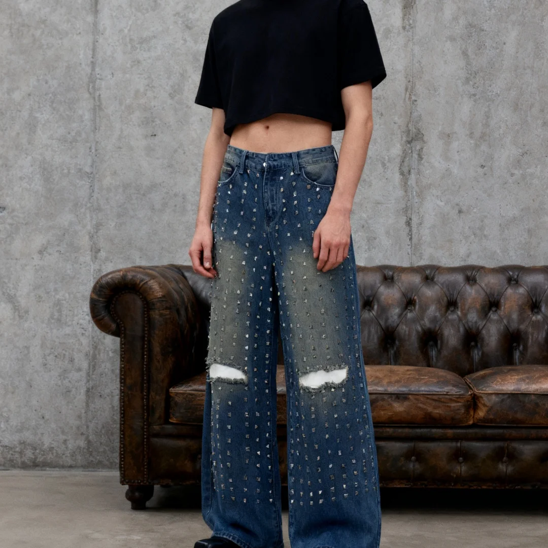 Damskie jeansy w stylu retro z wysokim stanem, ćwiekami, prostym krojem, luźne, wyszczuplające, z szerokimi nogawkami, spodnie do ziemi, styl high-street.