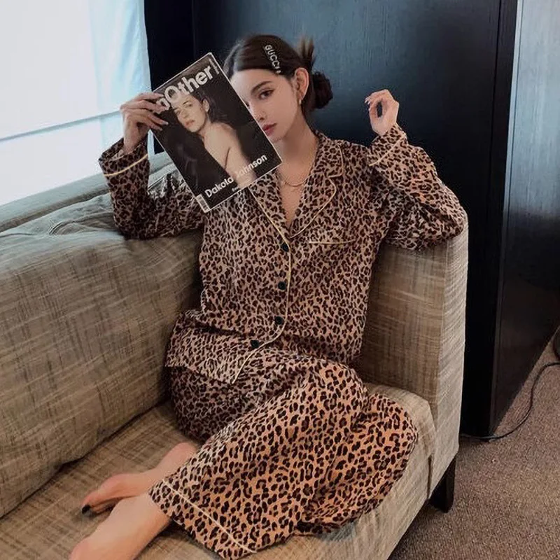 High-End Light Luxury Leopard Print Instagram-Style Pajamas for Women Long-Sleeved Top and Long Pants Spring/Fall Homewear Set