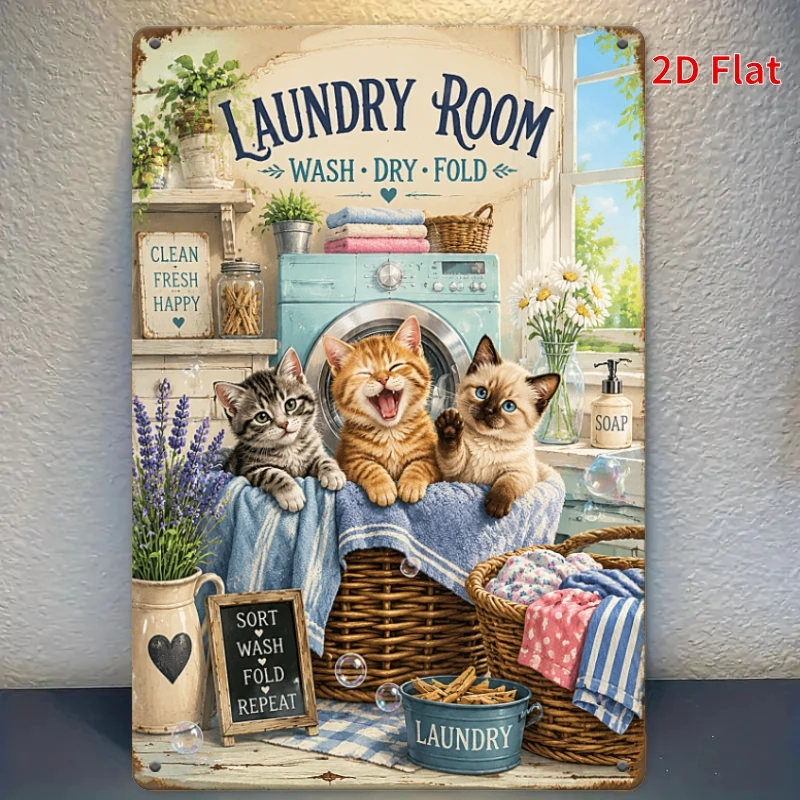 2D Flat, [2Dflat], 1pc Laundry Room Cats Metal Tin Plaque, Funny Decorative Sign, Vintage Laundry Wall Art, Cat Lover Home De