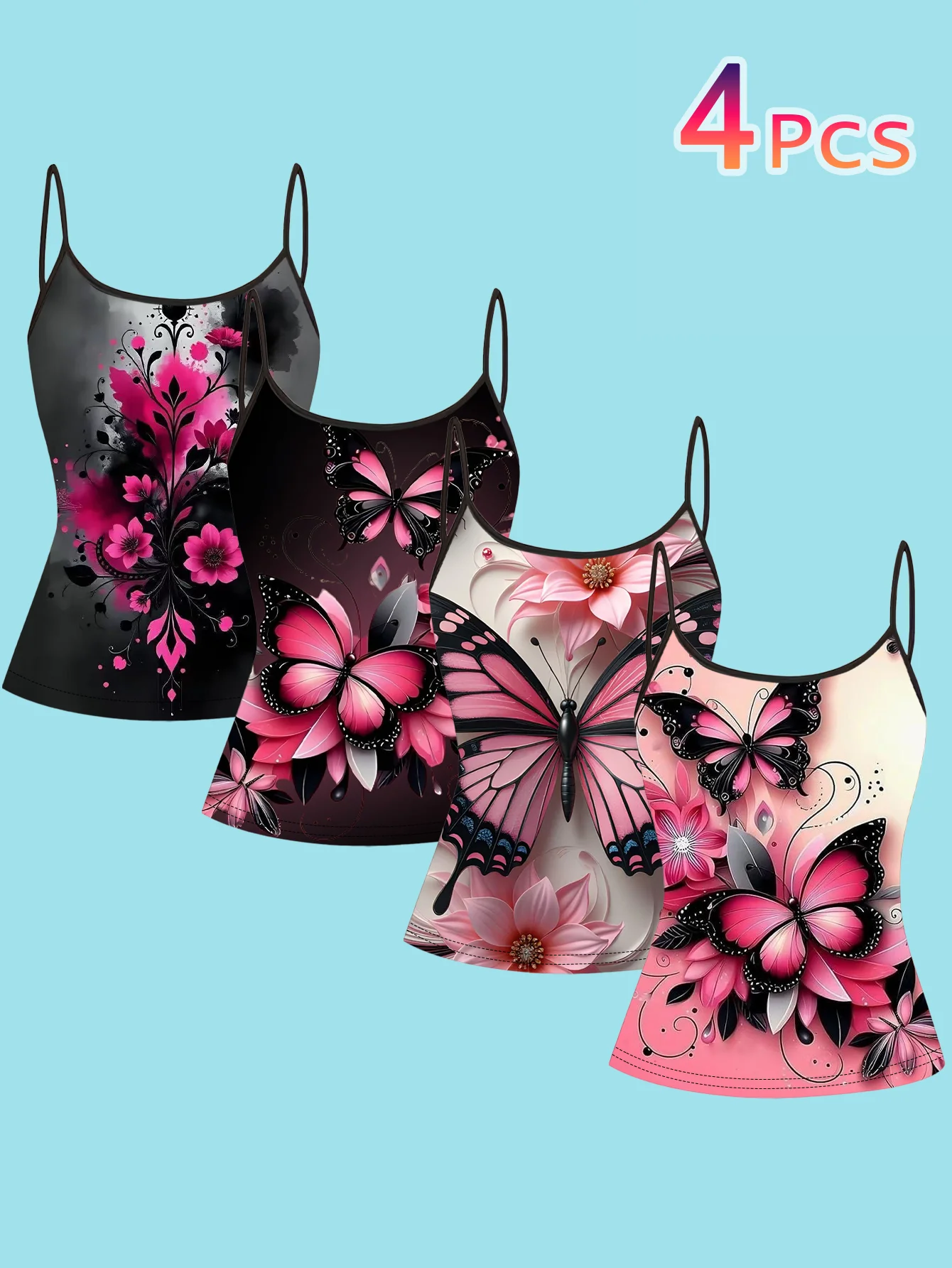 4-Piece Set of Women's Spaghetti Strap Camisoles with Ink-Style Pink Floral Design on a Black Background, Featuring Pink Butterfly Art Print, Slim-Fit Sleeveless Tops