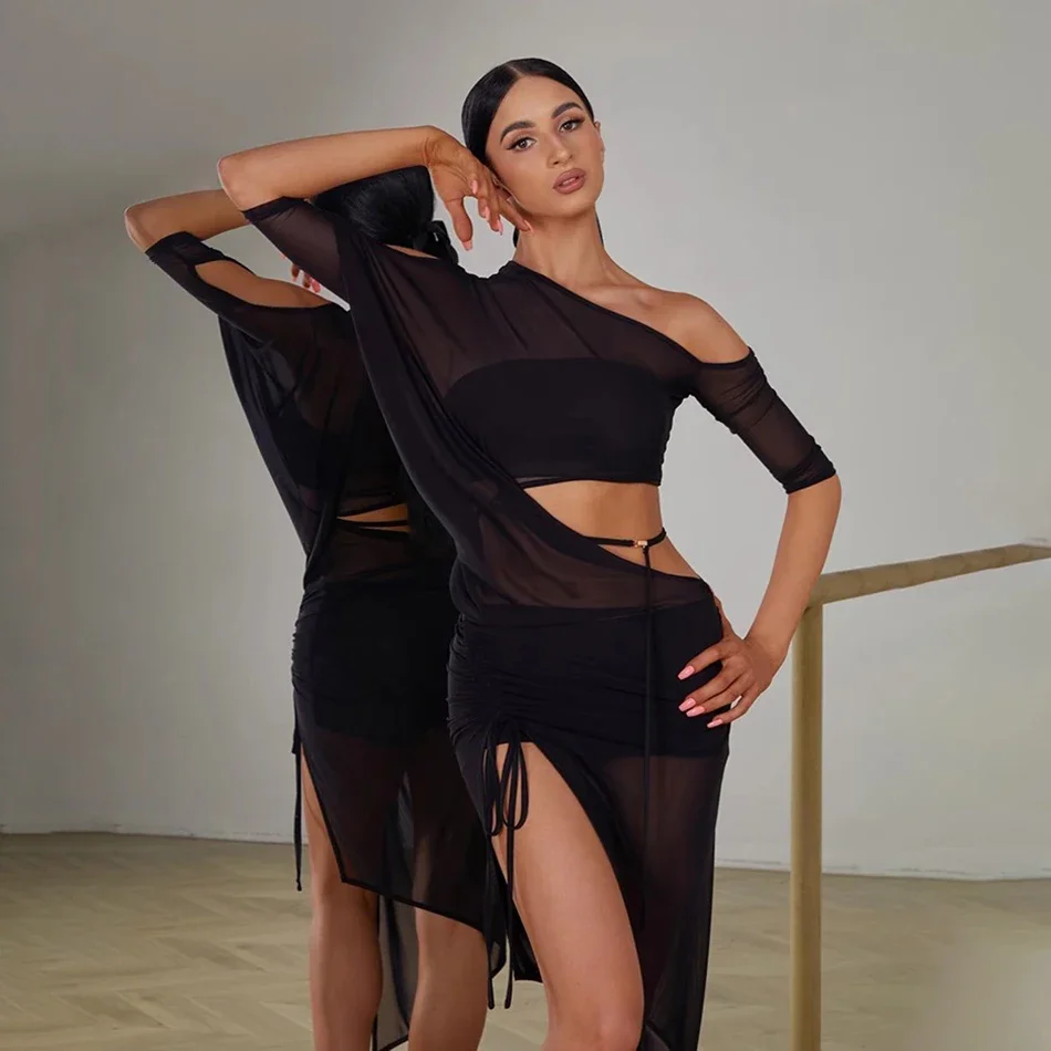 Vestido de baile latino para mujer, traje de danza moderna del vientre, con agujero en la cintura y diseño de media manga