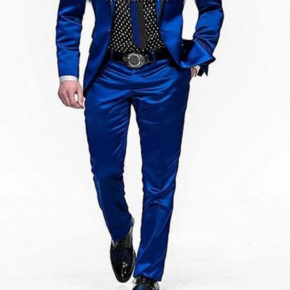 Fashion Satin Men Suits Royal Blue Chic Peak Lapel Casual Daily 2 Piece Formal Party Prom Wedding Male Suit (Jacket+Pants)