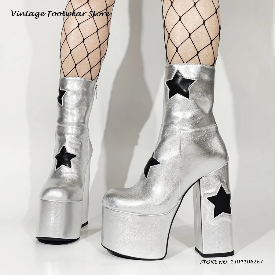 نجوم طباعة منصة حذاء من الجلد عادية جولة تو صندل بكعب مكتنز الارتفاع زيادة الأحذية Y2K الشرير نمط الجانب سستة الجلود الجوارب