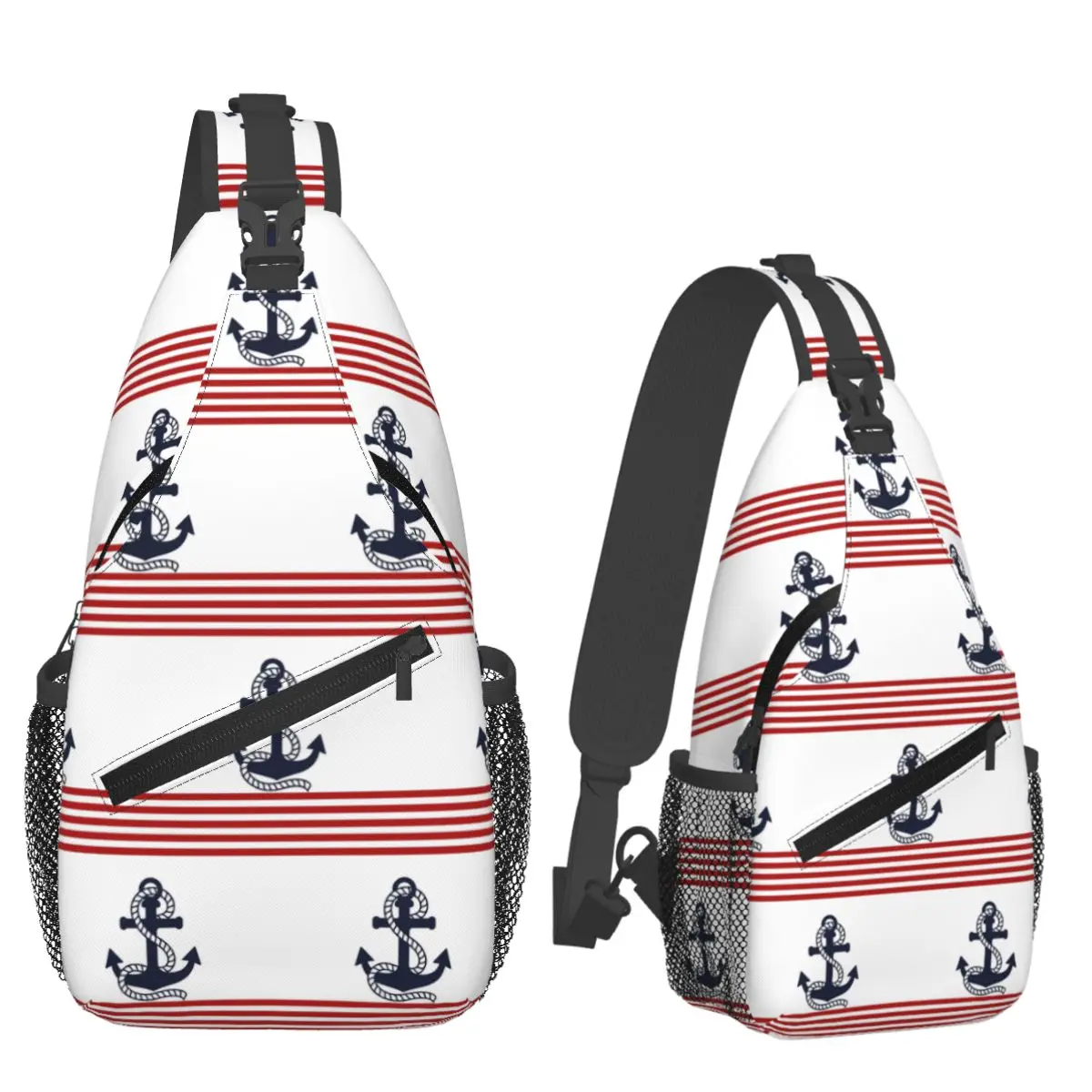 Nautical Red And White Stripes With A Navy Blue Anchor Chest Bag Men Sling Crossbody Backpack Chest Bag Daypack Shoulder Bag