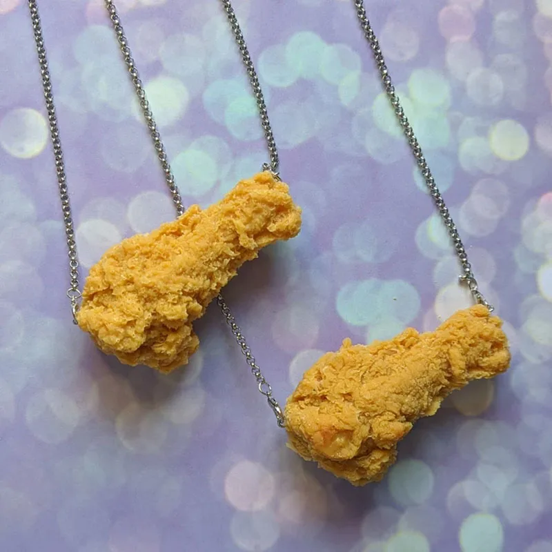 y2k Fried Chicken Necklace Resin Food Kentucky Replica Drumstick Wing Wings Silver Chain Streetstyle Harajuku Quirky