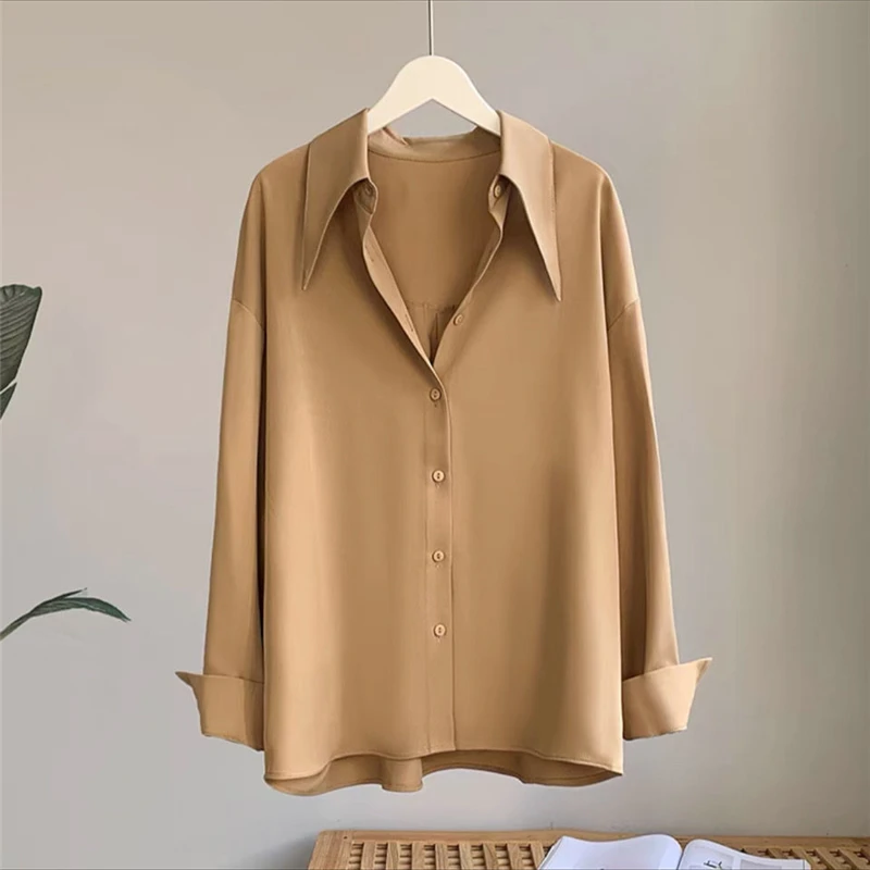 Korean Fashion Simple Office Lady Business Casual Retro Button Up Shirt Elegant Loose Long Sleeve Solid Blouse Top Women Blusas