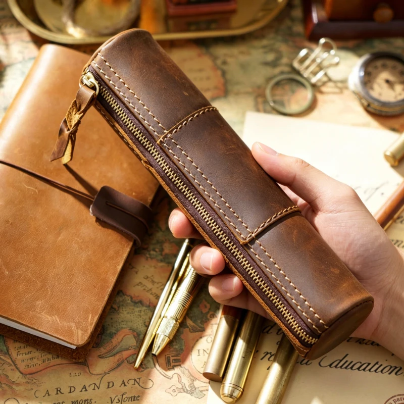 new-vintage-leather-zipper-pencil-case-top-grain-zebra-leather-handmade-wallet-student-stationery-storage-bag