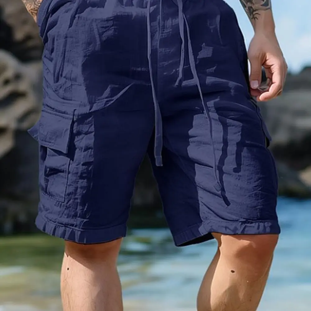 Comfortable Mens Casual Shorts Cotton Linen Blend Summer Breathable Loose Fit Elastic Waist Straight Leg Beach Trousers