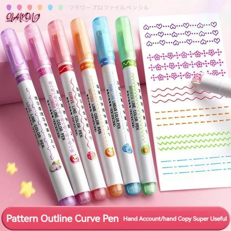 

6Pcs/Set Flower Line Shape Highlighter Pen Roller Tip Curve Liner Marker Kawaii Korean Stationery School Office Supplies Gifts