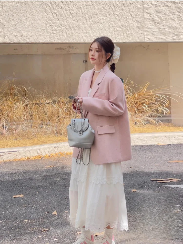 

Весенний женский розовый костюм большого размера с юбкой-тортом, комплект Ele Gentle Sister Faion, корейский комплект с высокой талией для поездок на работу