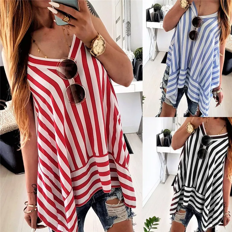 European and American Sexy Sleeveless Suspender Asymmetric Vertical Stripe T-shirt Women's Mid Length Top