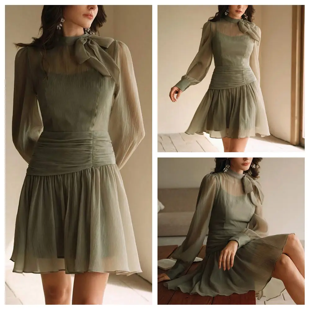 

платье для выпускного вечера трапециевидной формы с высоким воротом по индивидуальному заказу, простые плиссированные короткие вечерние платья с длинными рукавами, зеленое мини-коктейльное платье, летнее платье