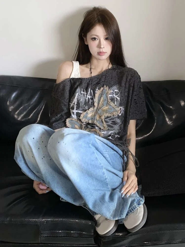 Y2K الجمالية فراشة شرابات تي شيرت المرأة الشارع الشهير الجرونج عادية تيز Harajuku المتضخم انحراف طوق قبالة الكتف القمم #4