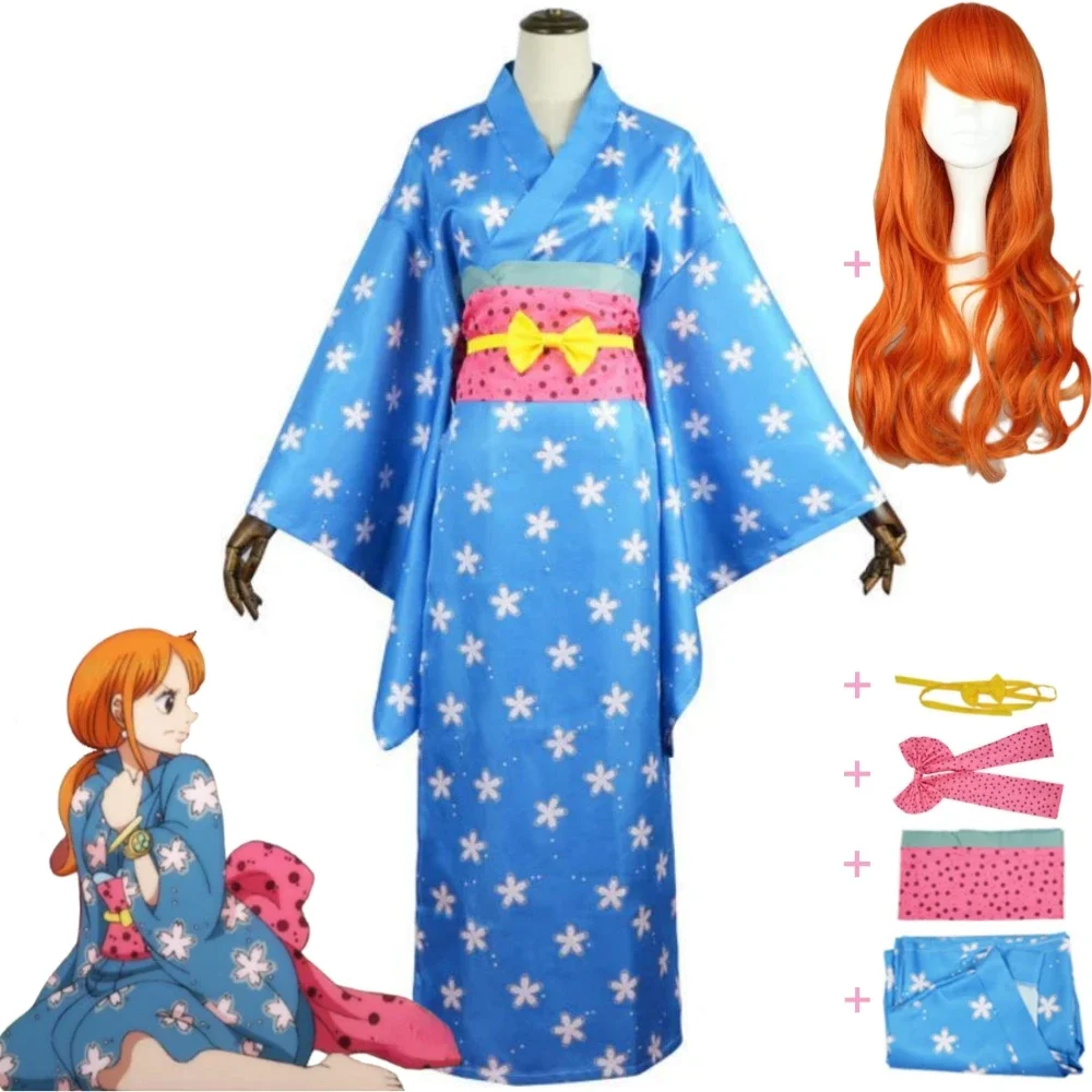 Anime Nami Stampede Wano Kuni Country Cosplay Costume Wig Blue Japanese Bathrobe Kimono Uniform Halloween Stage Performance Suit