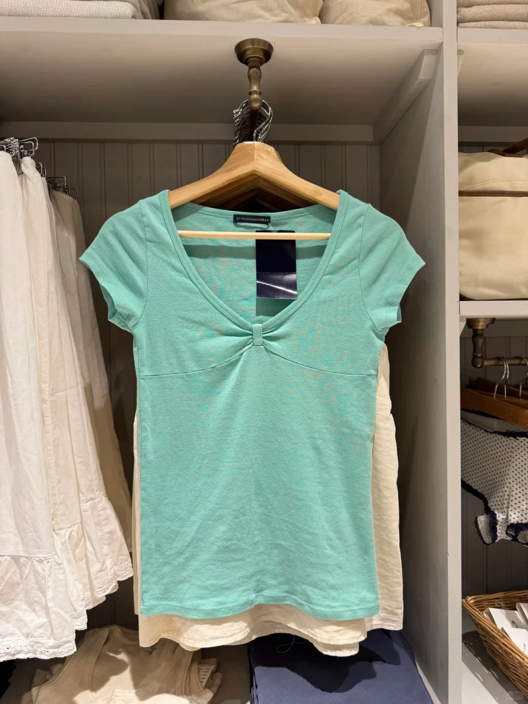 Mint Green Knot Slim T-shirt Women Summer Simple All-match V-neck Short Sleeve Cotton Tee Shirts Vintage Casual Tshirts Y2K Tops