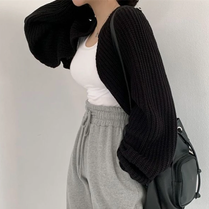 MEXZT Korean Fashion Women Loose Short Knitted Cardigan Sweater Fall Harajuku Lantern Sleeve Y2k Clothes Female Vintage Crop Top