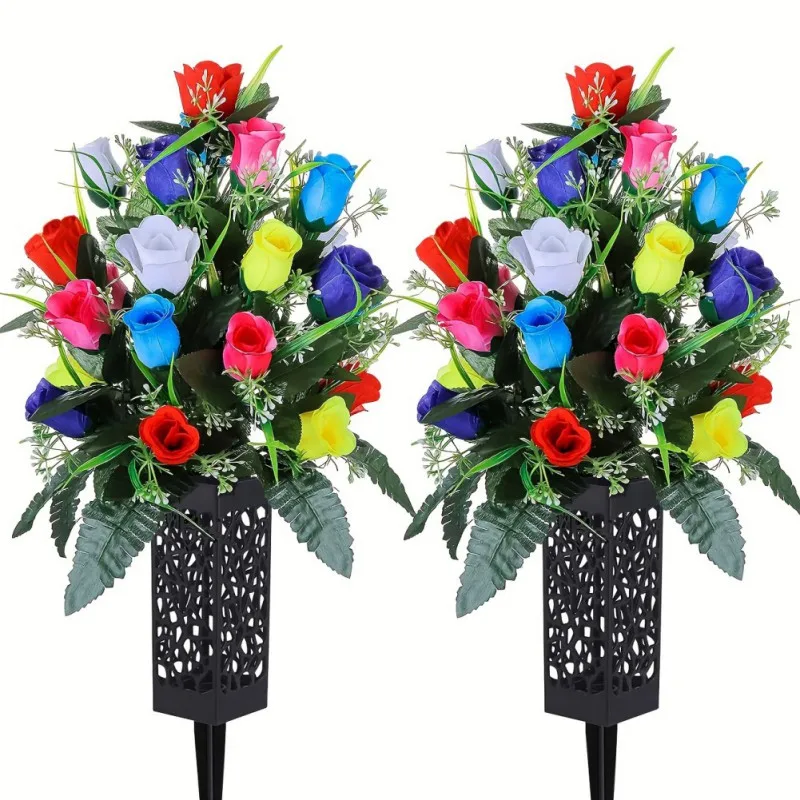 2 Pack Artificial Cemetery Flowers Grave Decorations Roses Beautiful Arrangements Bouquet Memorial Floral with Cone Vase