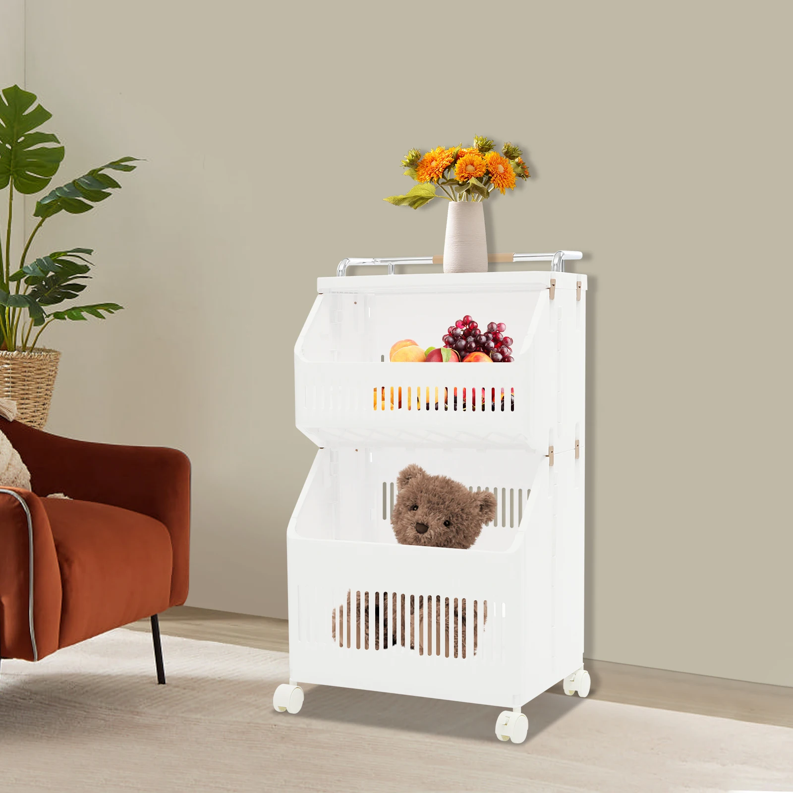 

White PP 40x30x72cm Dirty Laundry Basket Wheeled Foldable Double-layer Large-capacity Storage Basket