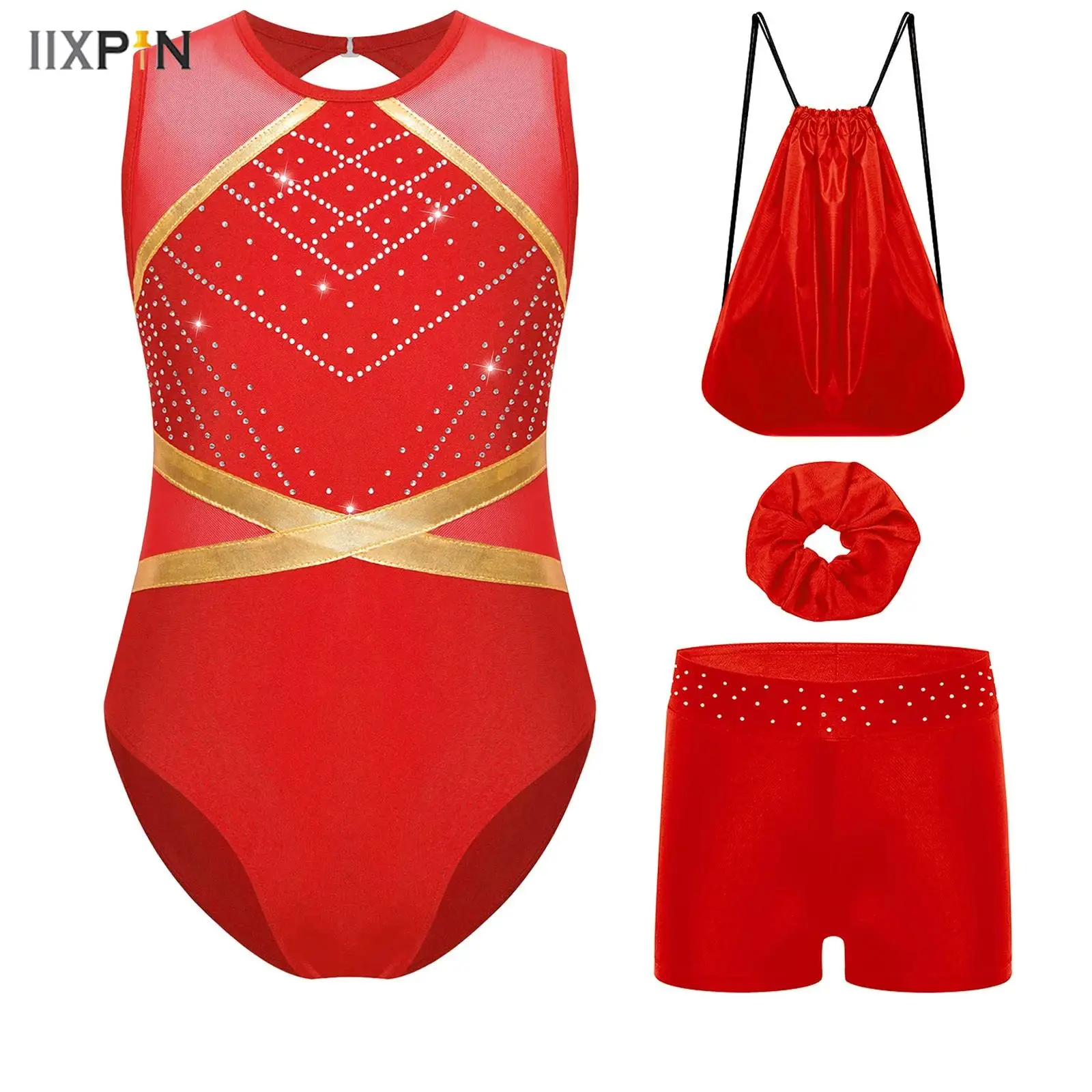 Kids Girls Gymnastics Leotard Keyhole Back Sleeveless Figure Skating Bodysuit with Shorts Hairband Bag for Ballet Dance Jumpsuit