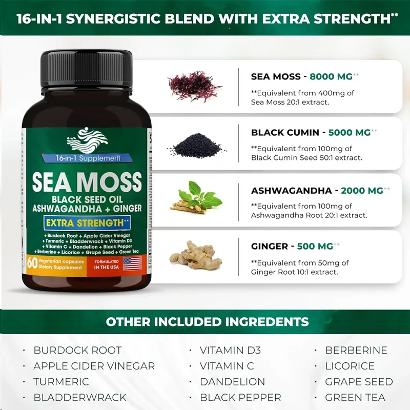 Sea Moss Black Seed Oilsouth African Drunken Eggplant Ginger Burdock Root,turmeric Black Pepper Multi Inonesupplement,60capsules