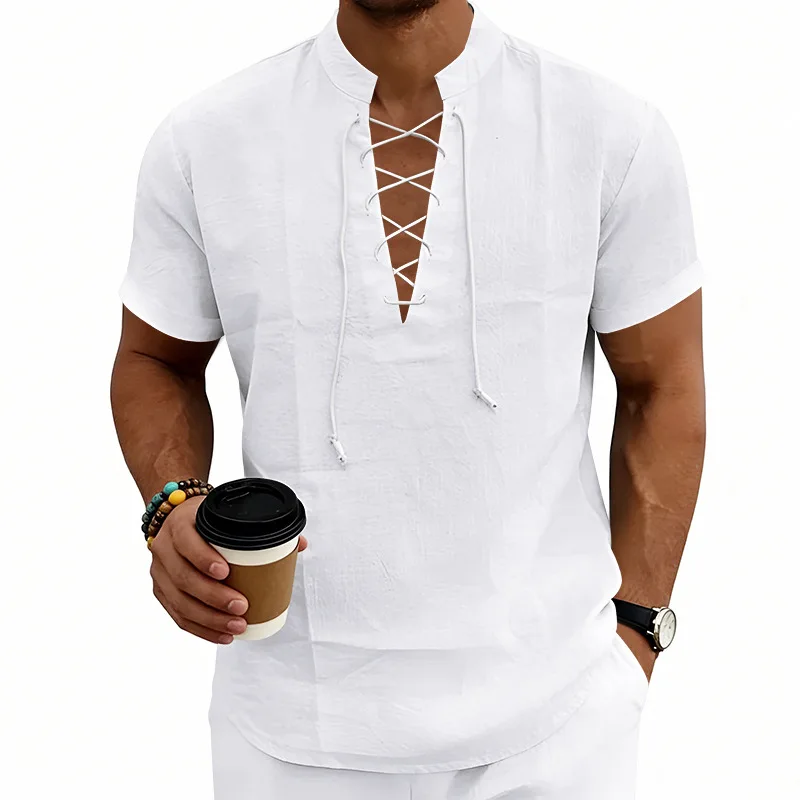 

Men's American Retro Henry V-Neck Linen Shirt Summer Drawstring Casual Beach Short Sleeve Shirts Breathable Slim Fit Tops